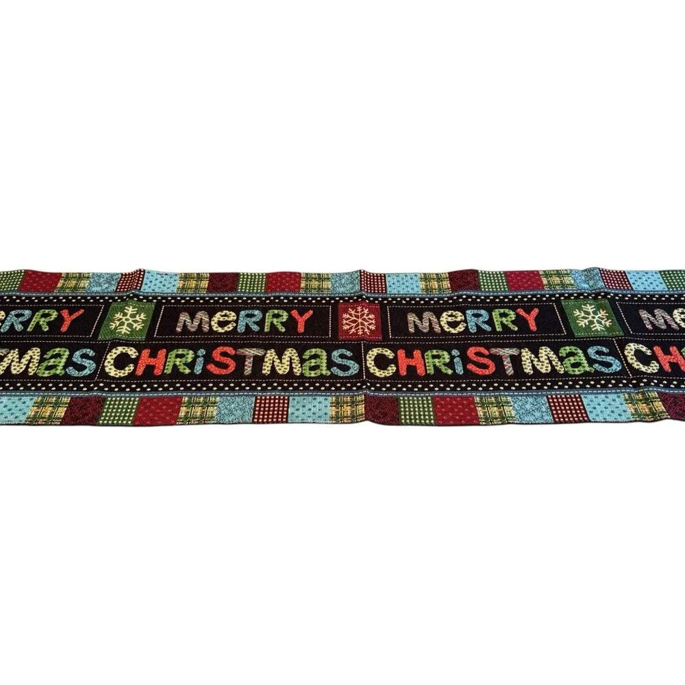 Colorful Merry Christmas Table Runner Tapestry Patchwork Farmhouse Country Chic
